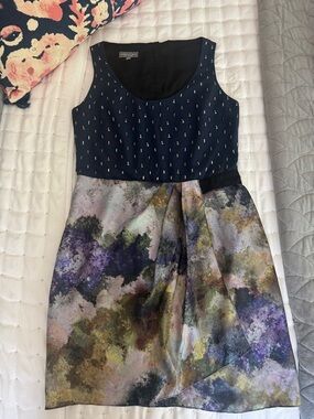 Navy Bodice with Multicolor Watercolor Skirt Mini Dress